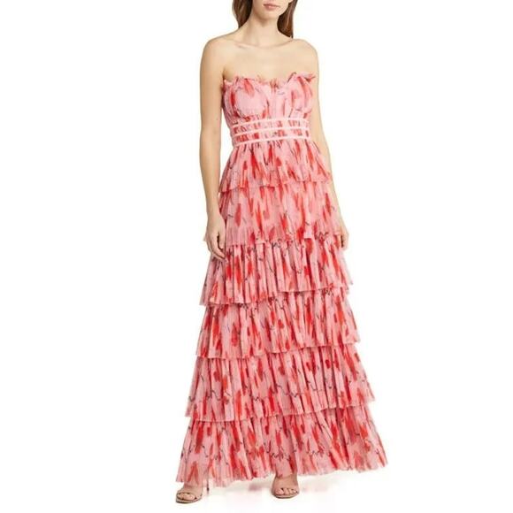 Hutch Pink Floral Monaco Ruffle Tulle Tiered Strapless Maxi Gown Size 14 NWT - Picture 1 of 12